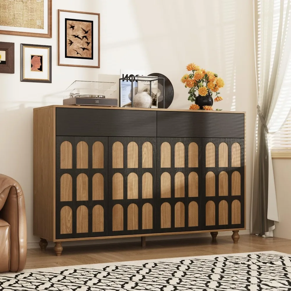 Sideboard Buffet Cabinet with 2 Drawers,4 Shelves & 4 Doors, Modern Kitchen Storage Cabinet with Arched Pattern & Pop-up Devices