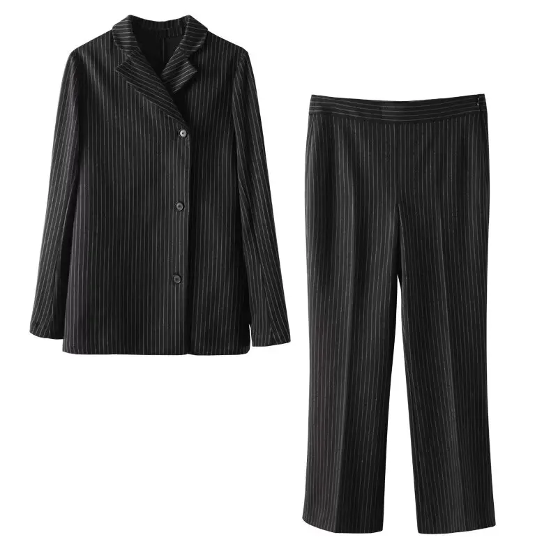 Suit Women's 2-piece 2024 Fashion Double-breasted Pinstripe Suit Jacket Retro Long-sleeved Jacket+side Zipper Pinstripe Pants