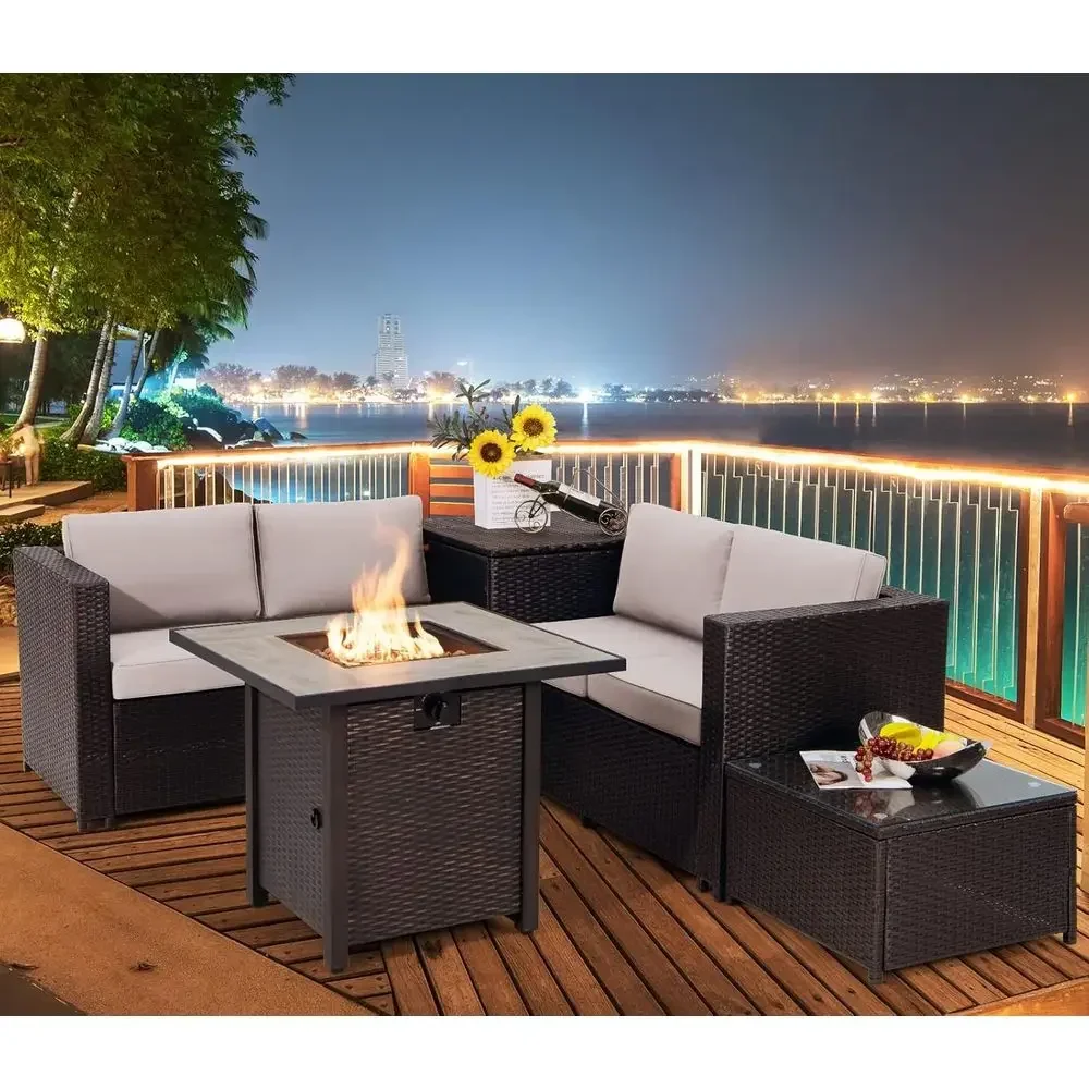 5-Piece Patio urniture Set with 30 Inches Gas ire Pit Table, Outdoor Wicker Contion Sectional Soa Set with Storage Box and Coee