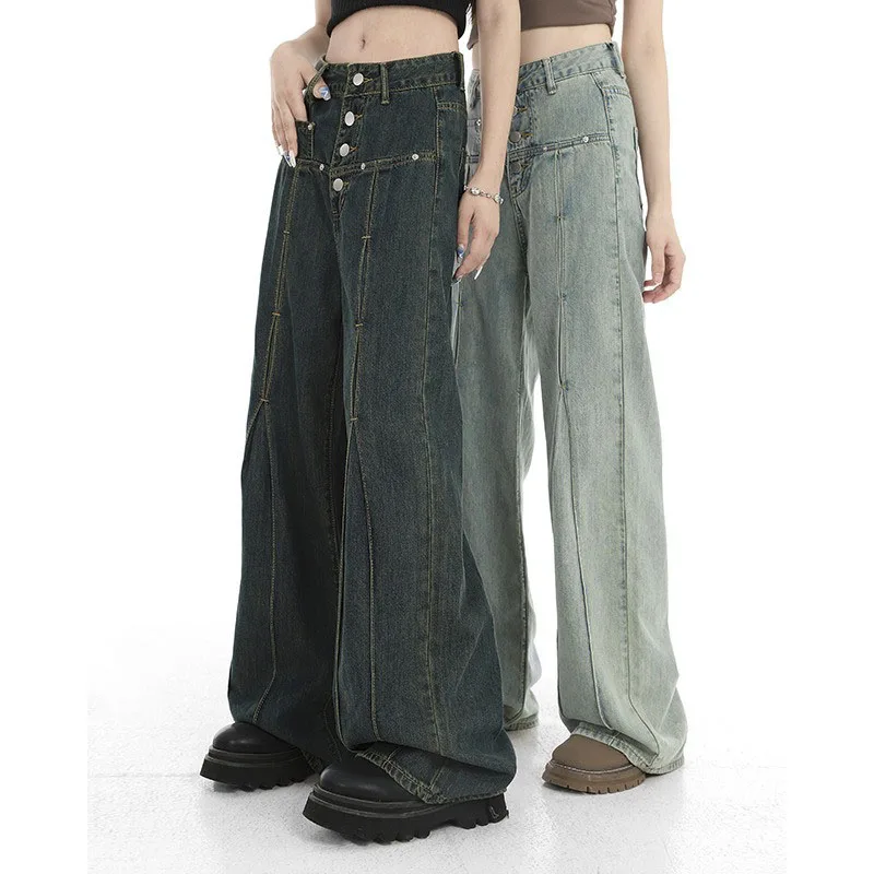 Pantalones vaqueros Y2K de cintura alta con botones para mujer, pantalones Cargo rectos de pierna ancha, ropa de calle informal Vintage, Jeans Harajuku