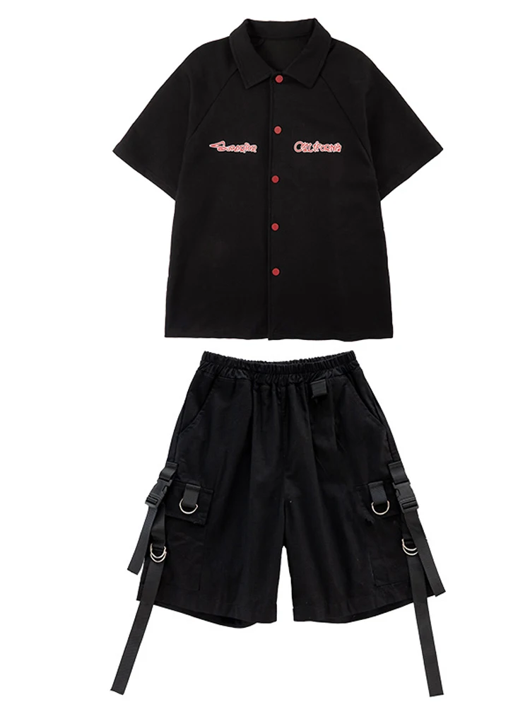 2023 Boys Hip Hop Costume Girls Loose Black Coat Shorts Summer Hip Hop Kids Performance Outfit Fashion Casual Clothing BL10650