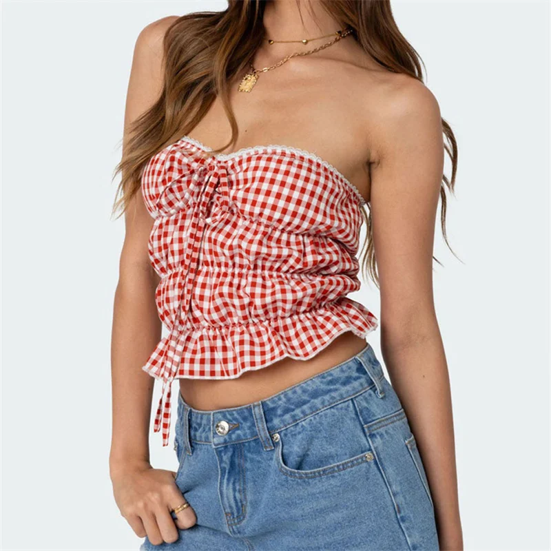 Vrouwen Rode Gingham Patroon Tube Tops Kant Voorkant Vastbinden Strapless Open Rug Crop Tops Y 2K Bandeau Slim Fit Cropped Tanks