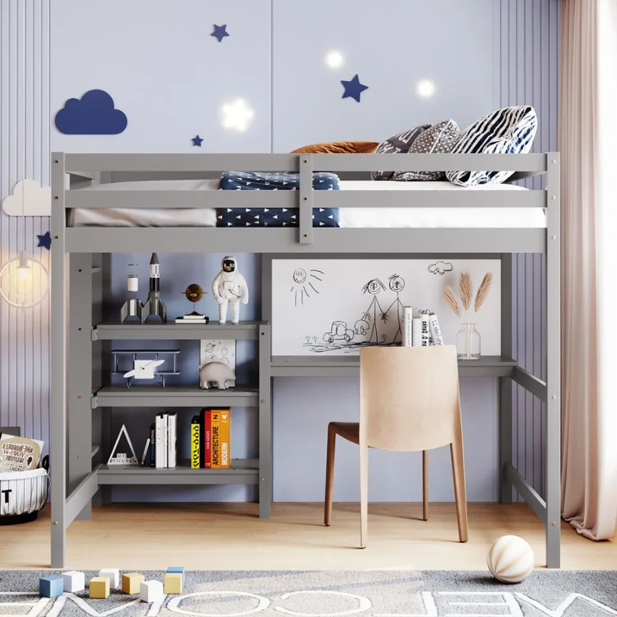 

Full Size Wooden Loft Bed with Shelves Desk and Writing Board