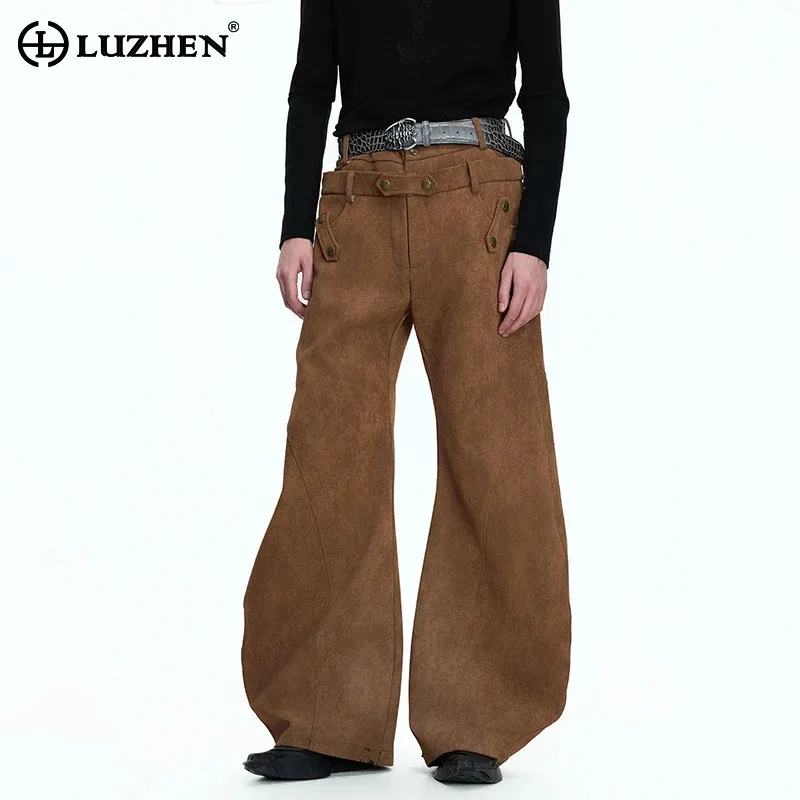 

Мужские брюки LUZHEN с пуговицами, двойным слоем, однотонные, широкие, повседневные, 2026, новые, стильные, свободные, JY6143
