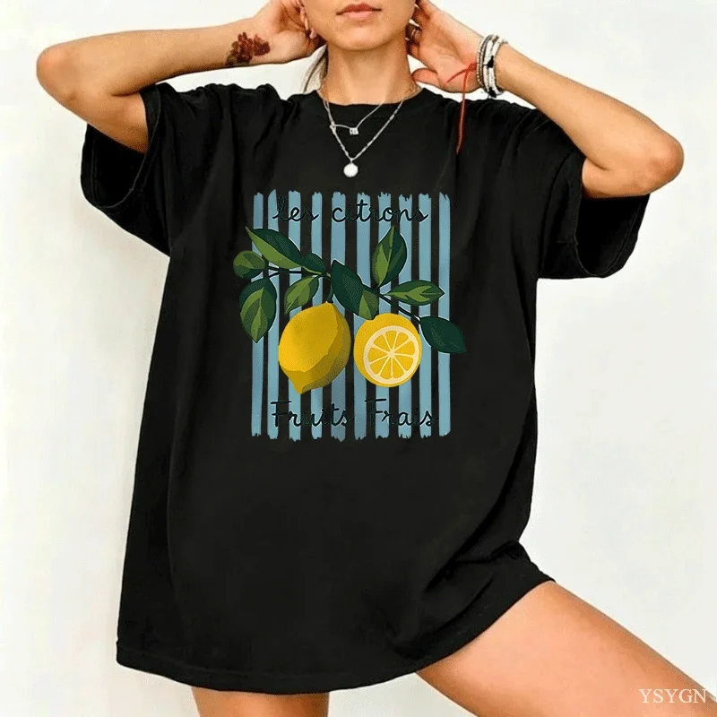 Summer Lemon T-shirt Vintage Cottagecore French T Shirt Lemon Tee Shirt Vacation Beach Tshirt Casual Short Sleeve Tops