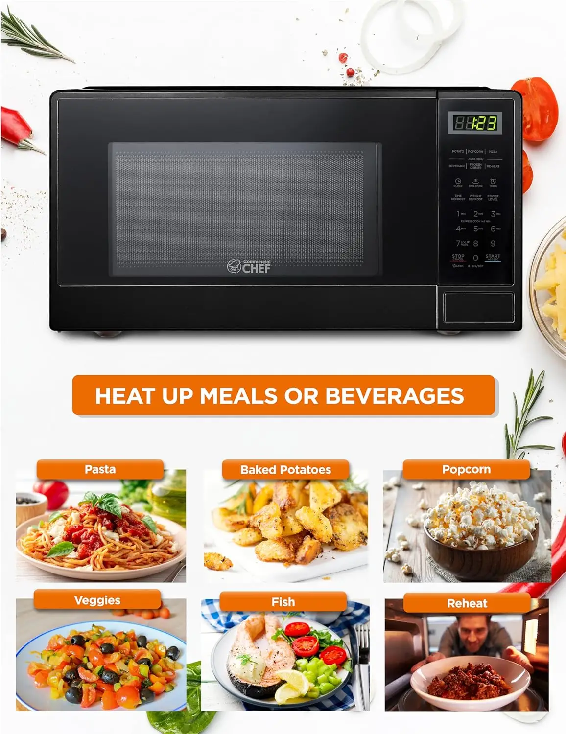 CHEF 1.1 Cu Ft Microwave with 10 Power Levels, Small Microwave with Push Button, 1000W Countertop Microwave with Kitc