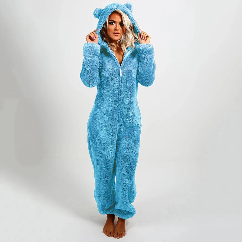 Women Hooded Sleepwear Onesies Fluffy Plush Thermal Warm Hoodies Jumpsuits Rompers Loose Zipper Bodysuits Pajamas Overall 5XL