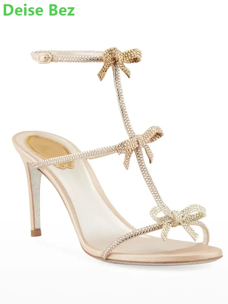 Crystal Butterfly-knots Slingback Sandals Round Toe Thin High Heel Narrow Band Ankle Buckle Strap Hollow Fashion Women Shoes