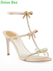 Crystal Butterfly-knots Slingback Sandals Round Toe Thin High Heel Narrow Band Ankle Buckle Strap Hollow Fashion Women Shoes