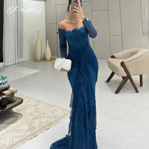 Mooie blauwe Dubai kanten avondjurken bordeaux off-shoulder met ruches zeemeermin trouwjurken prom feestjurk op maat