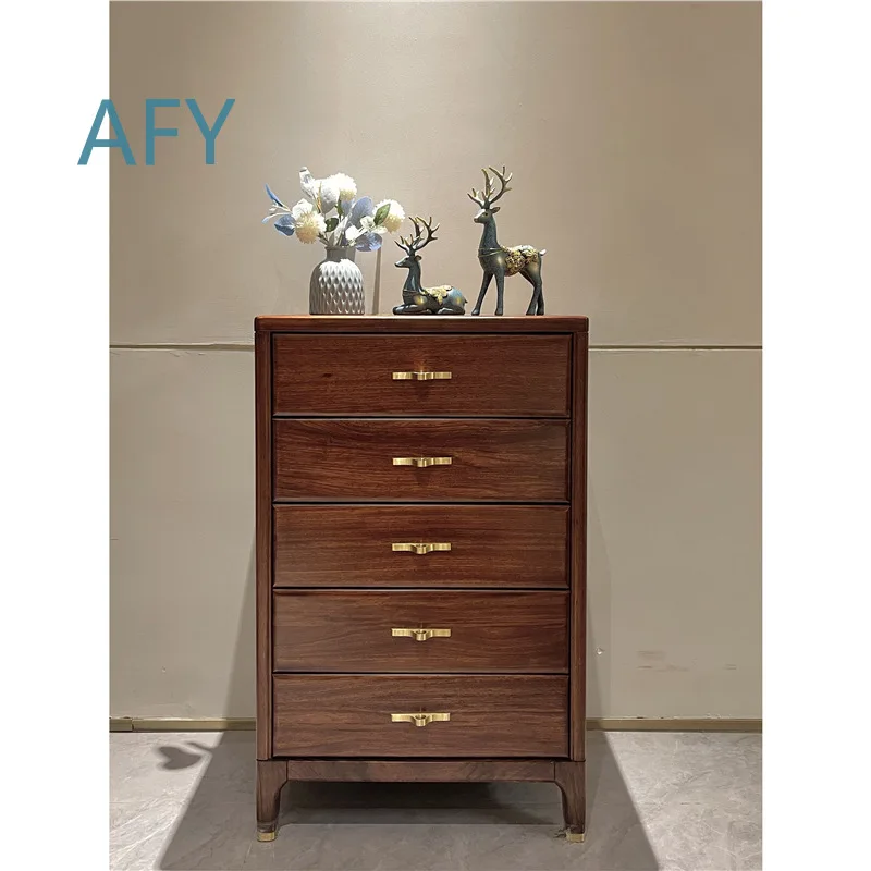 Solid Wood New Chinese Style Chest of Drawers 5 Drawer Storage Cabinet for Bedroom Living Room Office Multi Functional Side