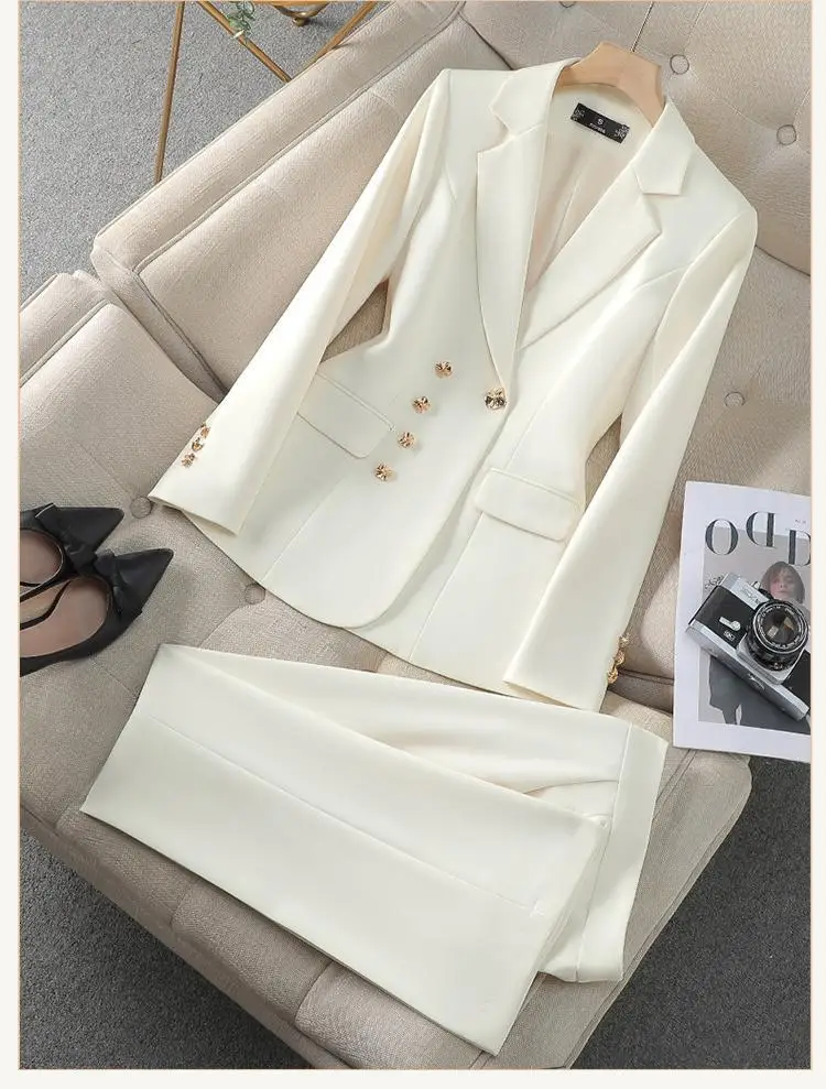 

Women's Double Breasted Blazer and Pants Set Elegant Slim-fit Business Suit Office Commuter Formal Workwear with Gold Buttons