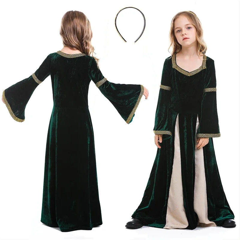 Kids Girls Media Princess Cosplay Fantasy Dark Green Retro Gown Halloween Renaissance Disguise costume Vintage Outfits