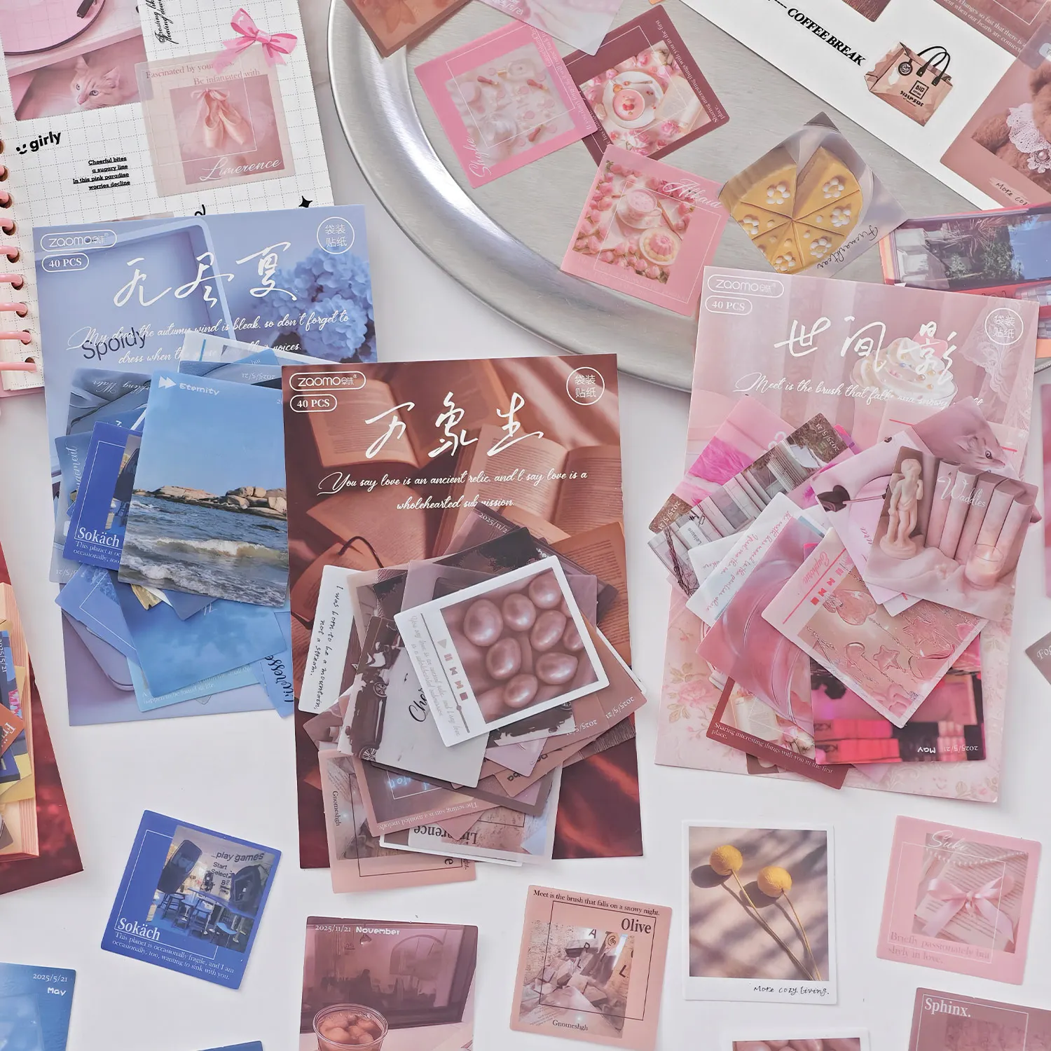 مجموعة ملصقات إنس للمناظر الطبيعية والطعام، حزمة ملصقات من البولي فينيل كلوريد على الطراز الكوري، مادة كتيب، ملصقات مواد تزيين ذاتية الصنع 40 قطعة