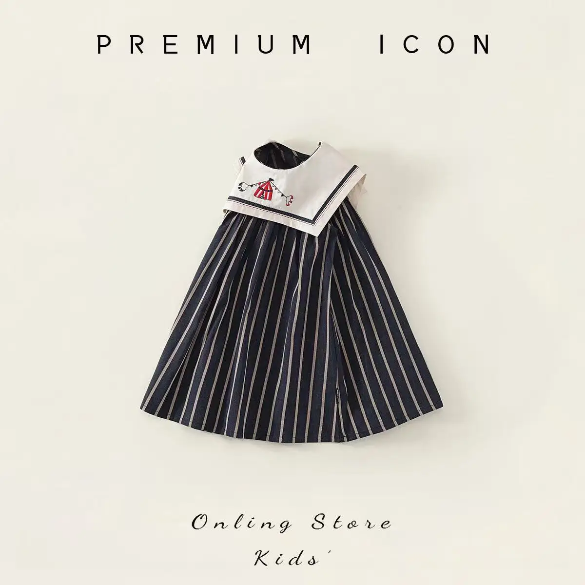 

2026 New Classic Striped Little Girl Naval Turn-down Collar Dress Circus Pattern Sleeveless Fashion Outfit for 90-140cm
