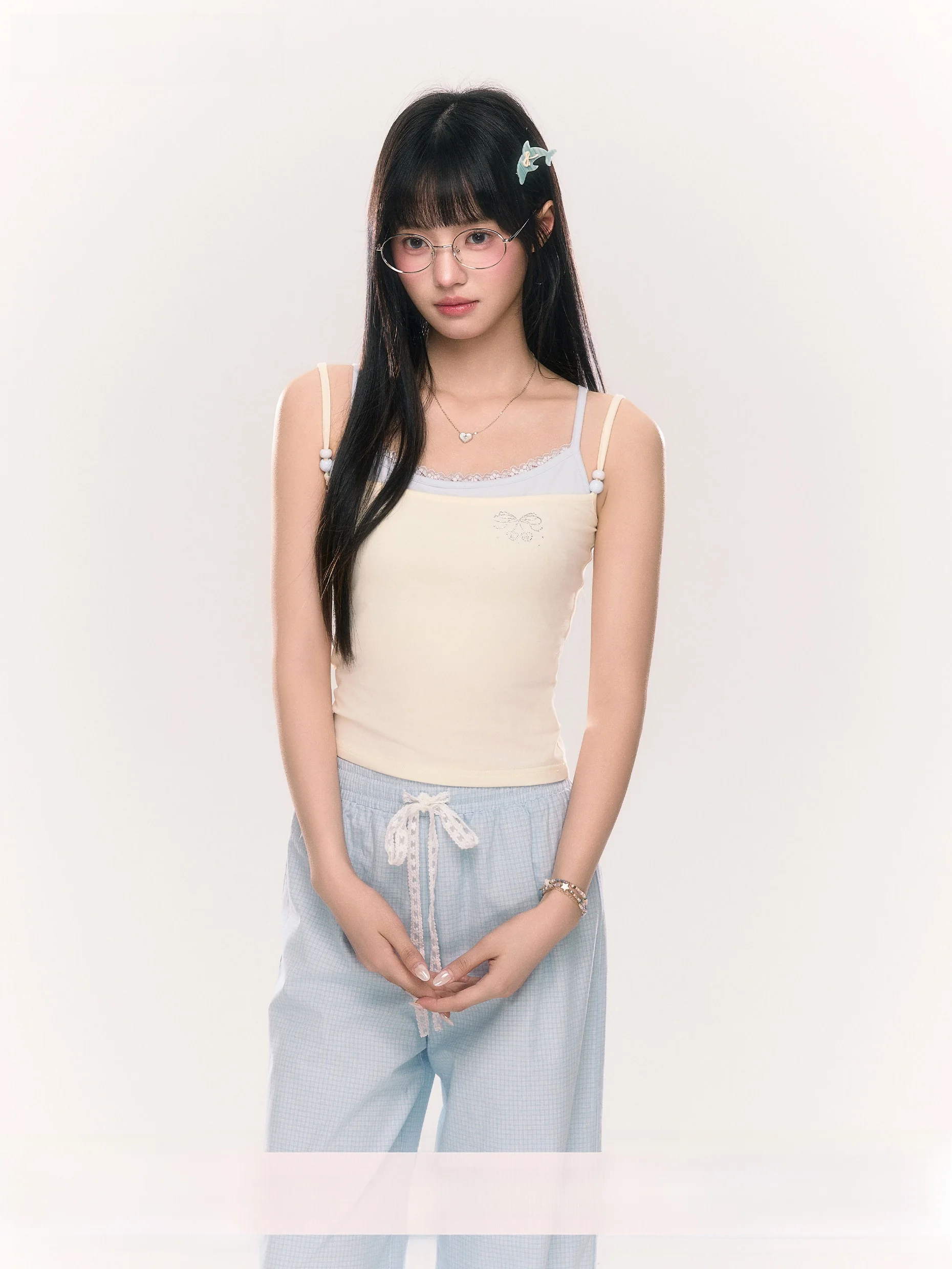 

Umoumo Summer Sweet Soft Color Blo Base Layer Fake Two-Piece Sequin Strap Vest Women's Faion Cotton Blend ort Sle