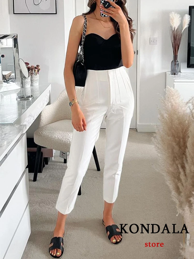 TRAFZA Women Light Blue Chic Fashion Office Wear Straight Pants Vintage High Waist Zipper Fly Female Trousers Fashion 2022