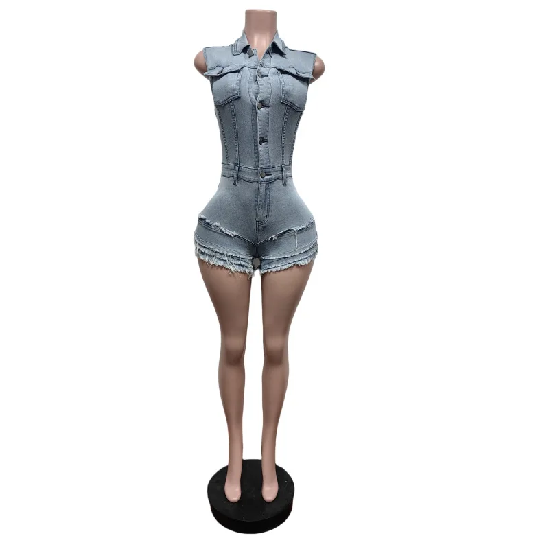 Benuynffy Nuovo Mezzo Bottone Elastico Denim Tuta Pagliaccetto Estate delle Donne 2025 Sexy Club Streetwear Raw Trim Skinny Tutina Pantaloncini