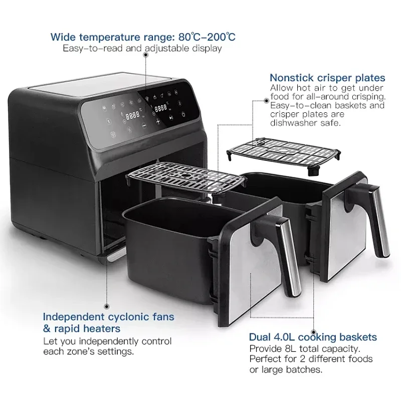 

-New Fashion Smart Kitchen Appliance Double Two Dual Zone 2 Basket Steam 8Llitres Air Fryer Double Pot Freidora De Aire