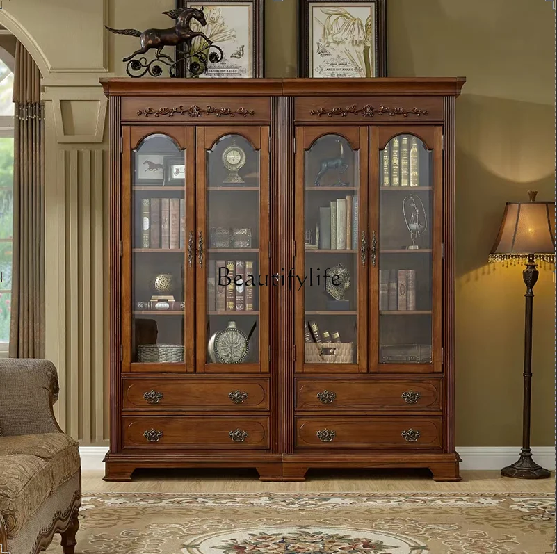 American-Style Solid Wood Household Bookcase Double-Door Storage Combination European-Style Glass Door Display Cabinet