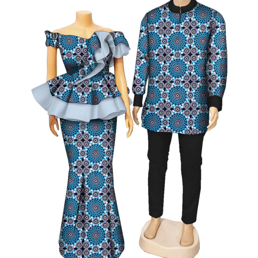 

Fashion African Print Clothing for Couple Lovers Men's Dashiki Shirt and Women Skirts Set Couple Clothes for Wedding WYQ985