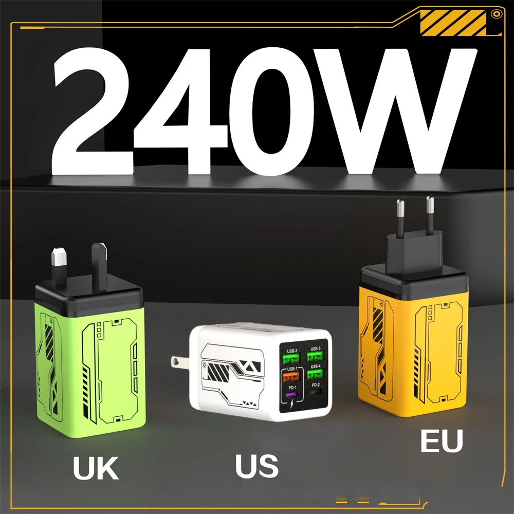 240W 4 USB 2 USB C Fast Charging Charger Type C Quick Charge Wall Adapter For iPhone 17 16 Samsung Xiaomi PD Fast Travel Charger