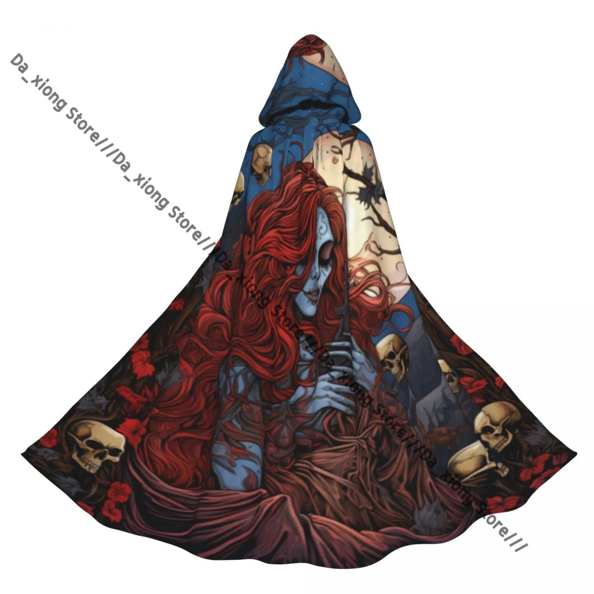 

Женский плащ унисекс на Хэллоуин с красными волосами и черепами, накидка с капюшоном, средневековый костюм ведьмы, Викки, вампира