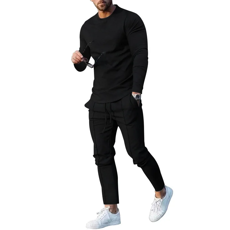 2024 spring two-piece set crew neck long-sleeved t-shirt trousers solid color casual men\'s suit