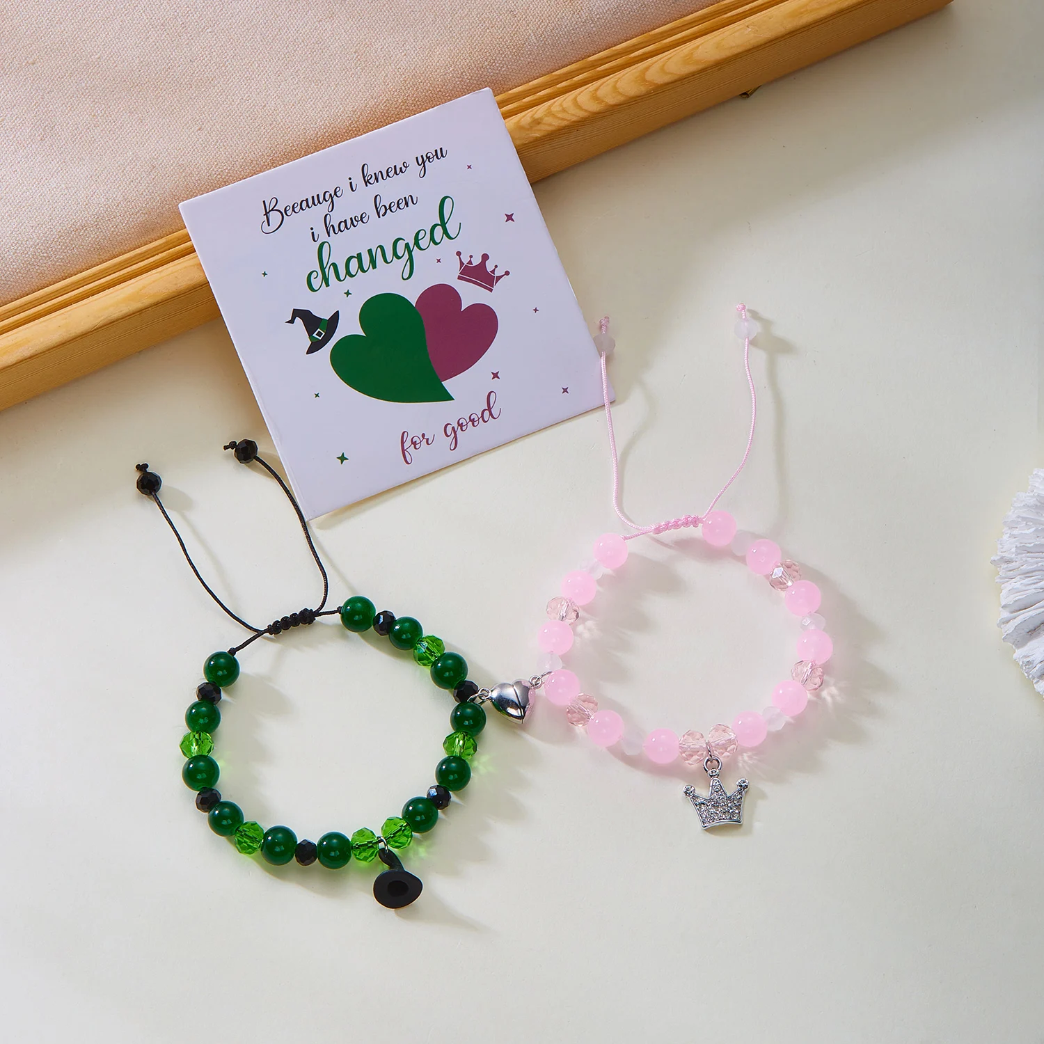 2 Stück Zauberstab-Hutkrone, passende Armbänder für Frauen, süße rosa grüne Perlen, handgefertigtes Stretch-Armband, BFF-Schmuck, Geschenke – Detail 5