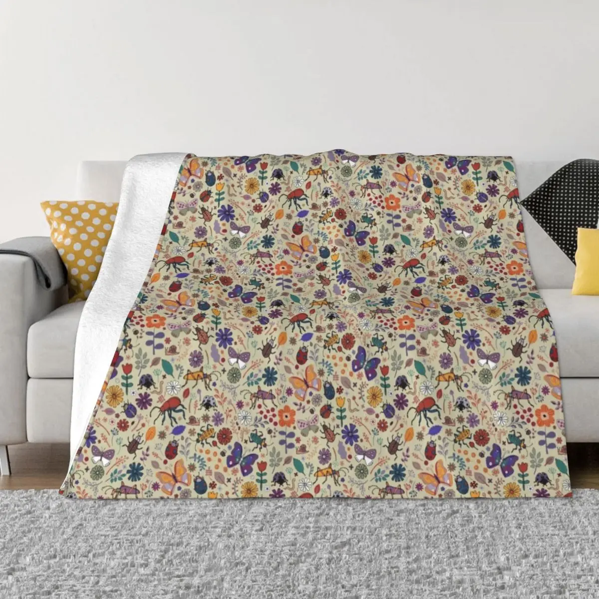 

Butterflies, Beetles and blooms - taupe - pretty floral pattern by Cecca Designs Throw Blanket sofa bed Dorm Room Essentials