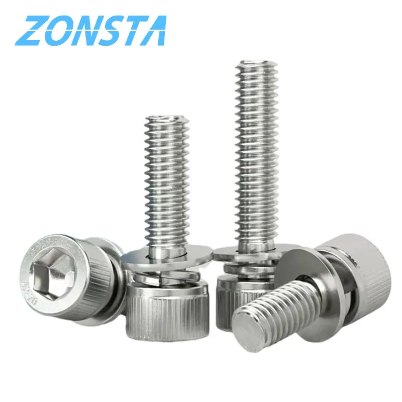 304 Stainless Steel Hex Hexagon Socket Cap Head SEM Screw Flat Washer Spring Gasket Assemble Bolt M2 M2.5 M3 M4 M5 M6 M8 M10 M12