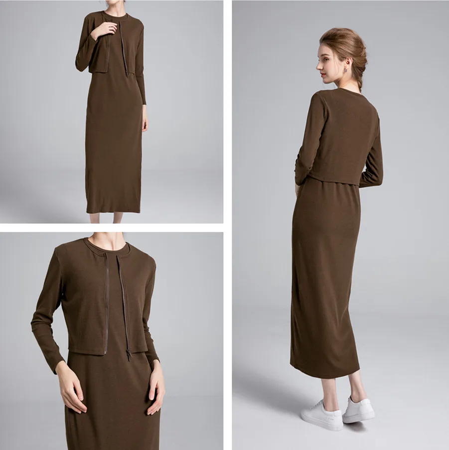 AS ropa de mujer cárdigan con cremallera vestido largo Maxi ropa de tela acanalada de marca de fibra natural (enviar en 1 día