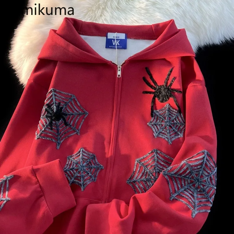 Harajuku Hoodies Women Clothing Hooded Spider Web Zipper Sweatshirts Y2k Coats Casual Fashion Oversized Hoodie Tops Ropa Mujer