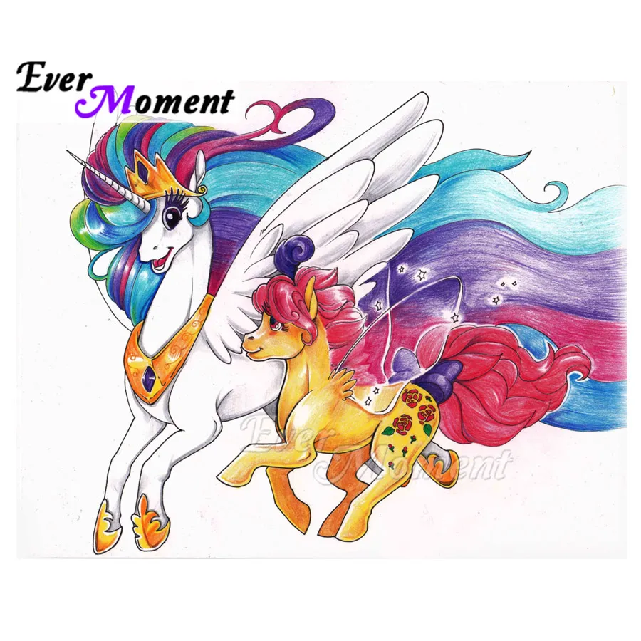 Ever Moment Diamond Painting Handmade Unicorn Rainbow Wing Horse Full Square Drill Decoration Home Diamond Embroidery ASF1926