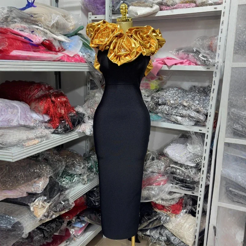 3D Goldene Blumen Sexy Schulterfreies Bandage-Langkleid Sexy Bodycon Wickelkleid Schwarz Retro Elegantes Abendkleid