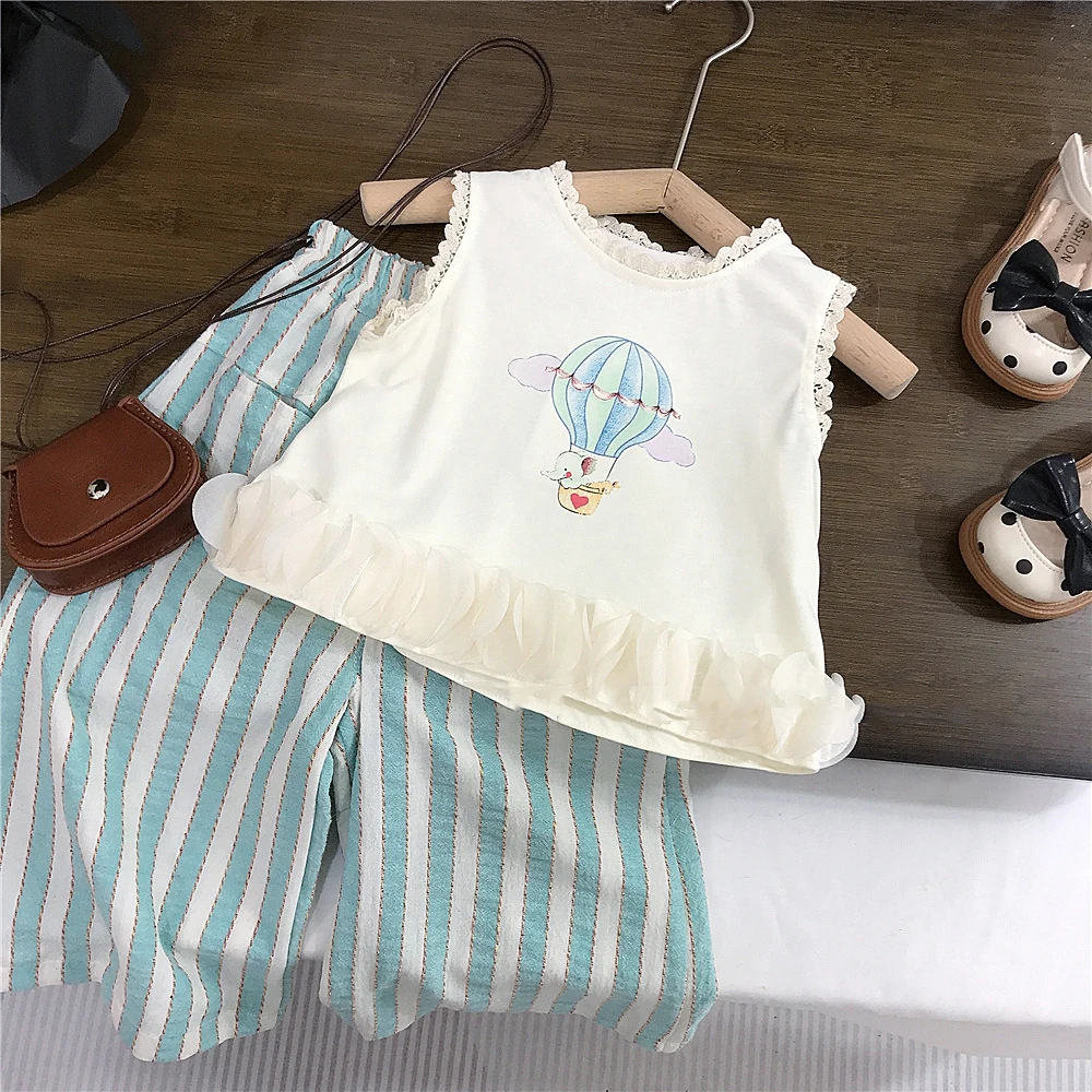 2pcs Girls Pants Sets Lace O-neck Sleeveless Ruched Hem Tops Shirt+Elastic Waist Contrast Striped Wide Leg Pants 2pcs Kids Suit