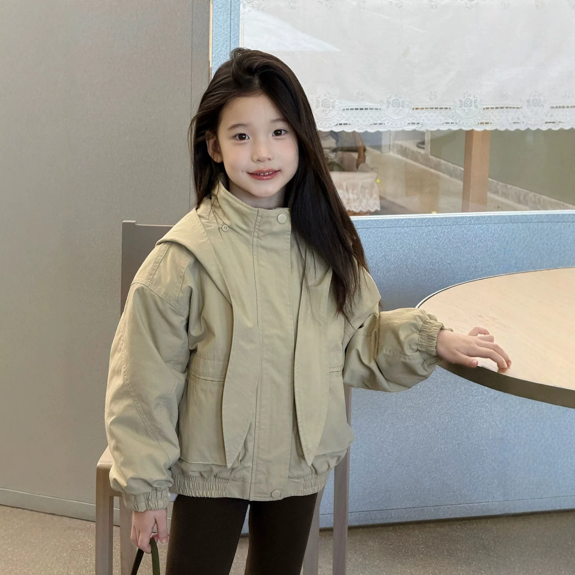 Children Clothing Korean Winter New Style Ribbon Shawl Stand Collar Windproof Cotton Jacket, Warm Jacket with Cotton Clip on Top
