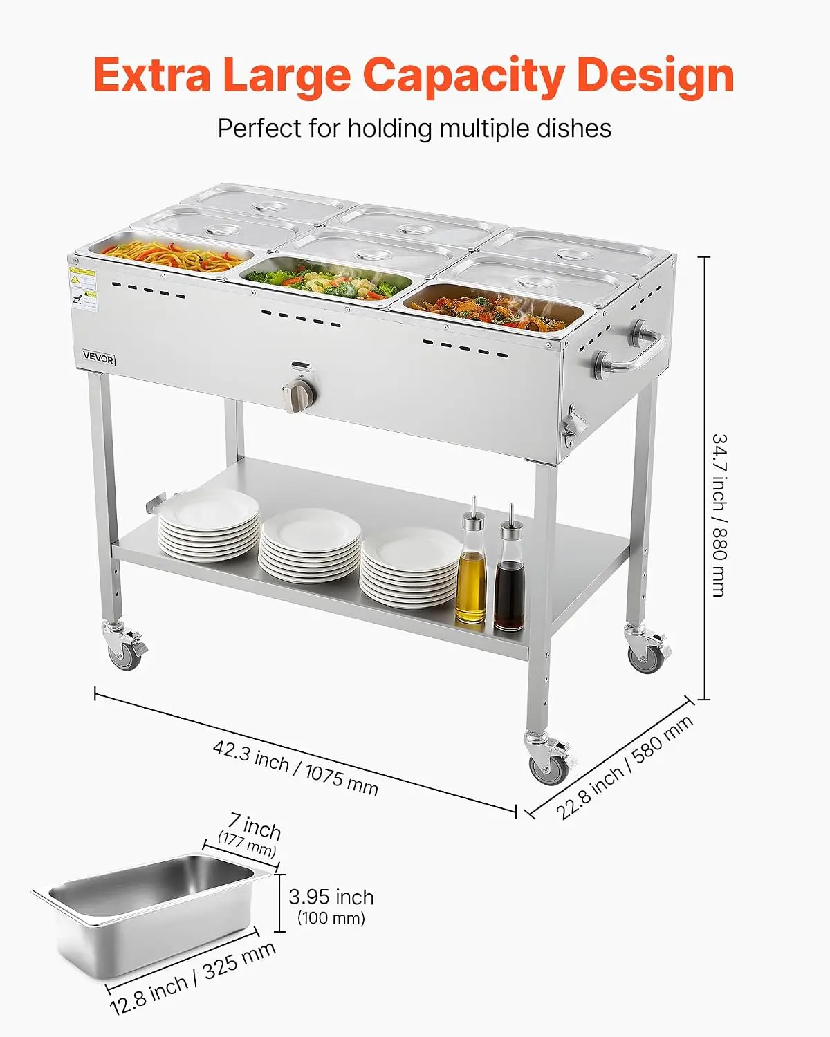 9-Pan Commercial Propane Steam Table, LP Gas Outdoor Soup Warmer with Drain Valve and 3