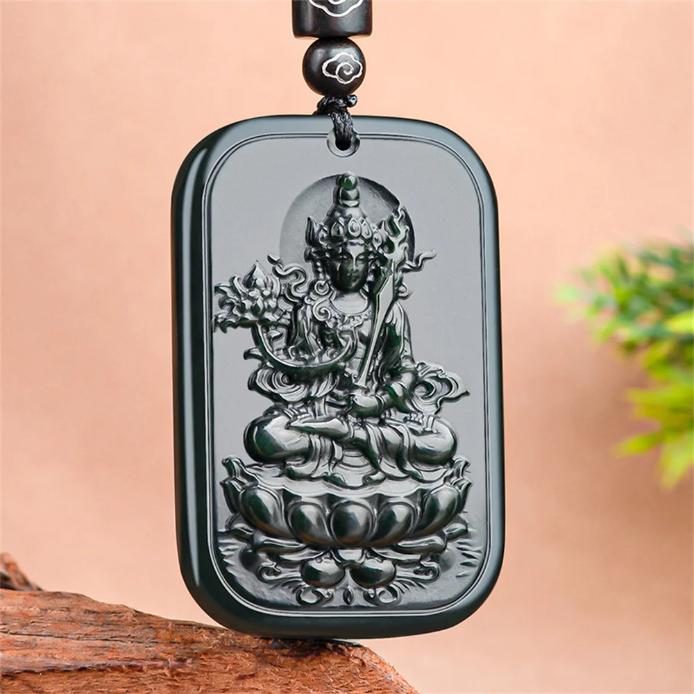 Vintage Natural Black HeTian Jade Carved XuKongZang GuanYin Lucky Pendant Amulet Necklace Certificate Luxury Jade Jewelry Gift