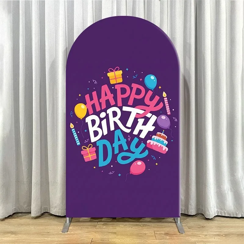 Elastic Double-layer Arch Backdrop Cover Happy Birthday Party Backdrop Set with Colorful Celebration Design Includes Three