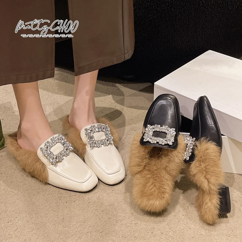 

Luxury Rabbit Fur Mules Woman Square Toe Block Heeled Slippers Ladies Brand Design Crystal Buckle Evening Party Slide Shoes