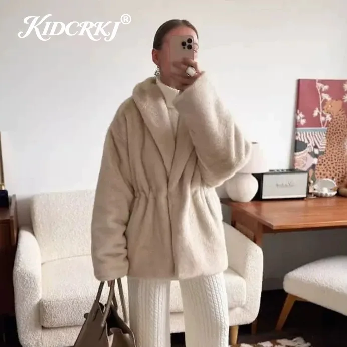 KIDCRKJ Winter New Ladies Plush Faux Fur Winter Jacket Shawl Collar Drawstring Waist Design Loose Oversized Fluffy Furry Coat