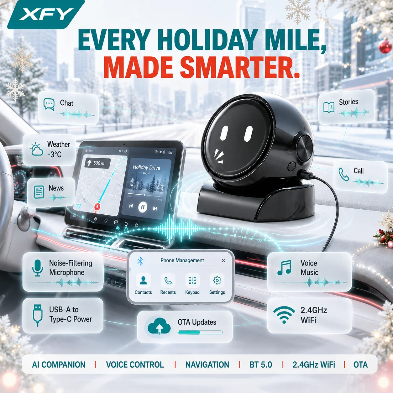 Christmas Exclusive AI Voice Robot Car Smart Voice Assistant Navigation Music Hands-Free Calling Car Control USB Powered NEW