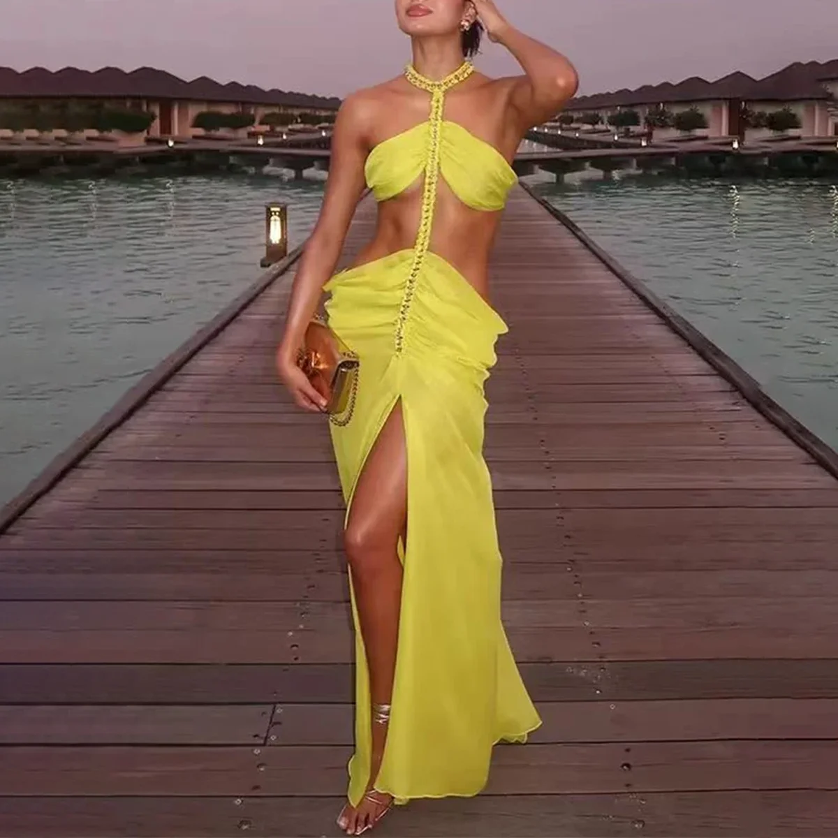 

Yellow Halter Neck Backless Beach Dress 2024 Solid Color Splicing Waist Skirt Luxury Women's Design Push-Up Beach Party Swimsuit