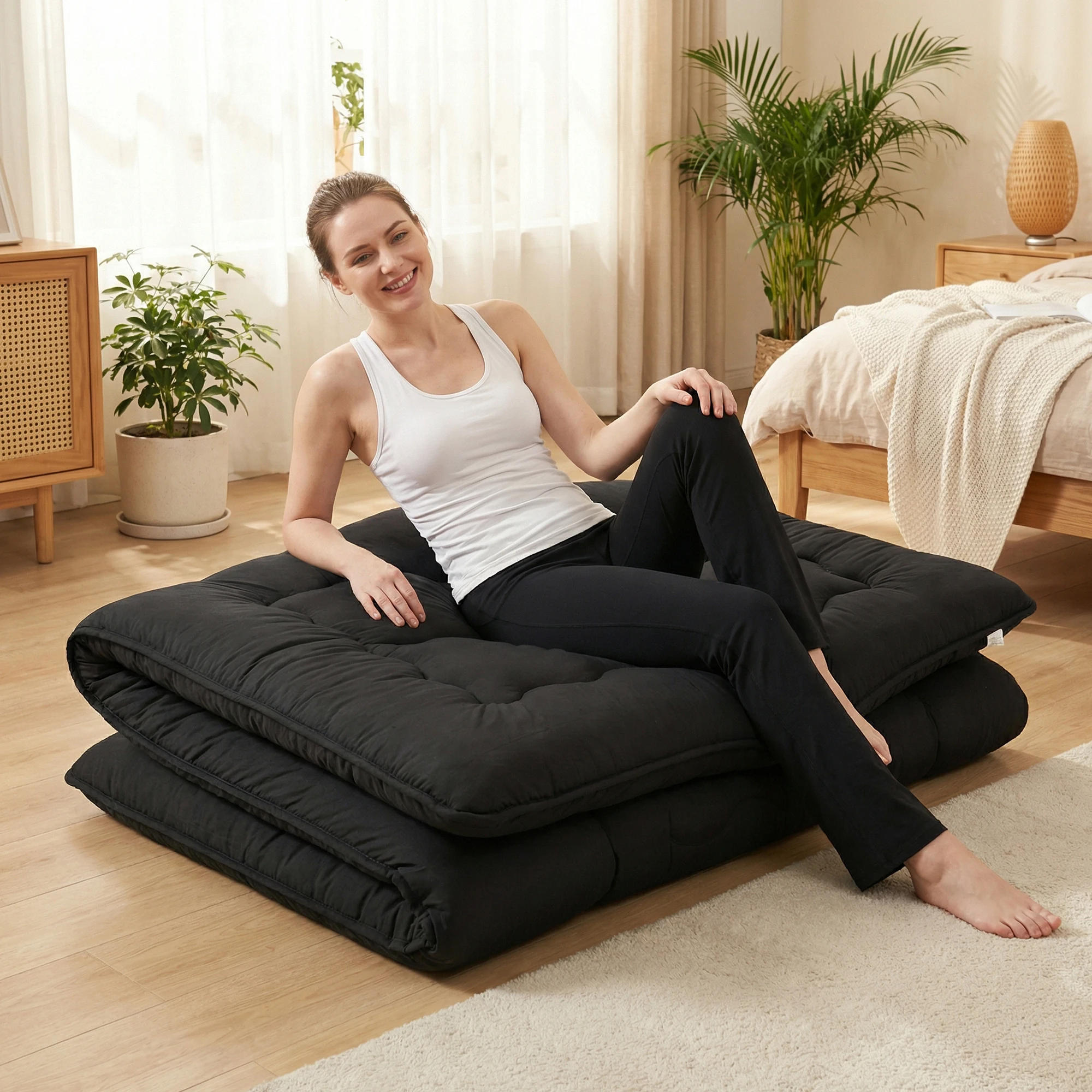 JHK 4 Zoll Weiche Bodenmatratze Tragbar Faltbar mit Abnehmbarem Waschbarem Bezug Atmungsaktiver Bettauflage für Schlafsofa Schlafzimmer