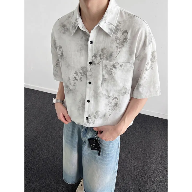 Summer Tie-Dye Men Shirts Front Pocket Decor Plus Size Loose Short Sleeve Floral Shirt For Man All Match Casual Blouse Homme 5XL