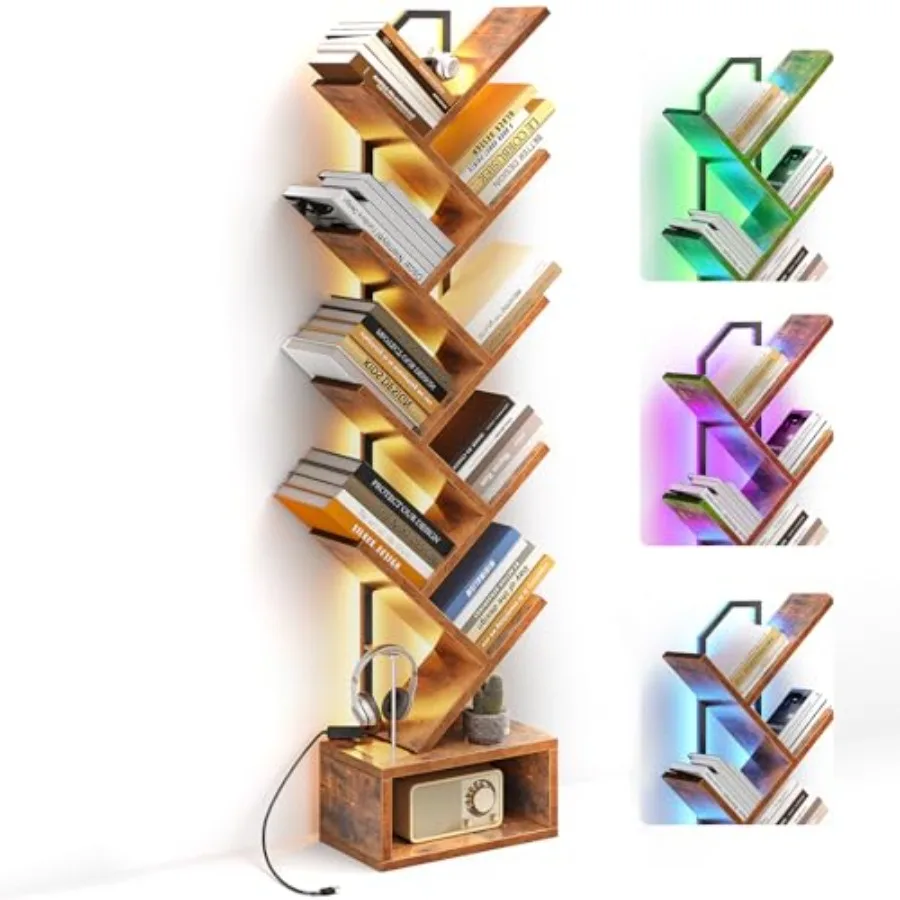 Tree Bookshelf with LED Lights, Narrow Bookcase for Small Spaces, Tall Steel and Wood Storage Shelf with Cabinet, Home Decor an