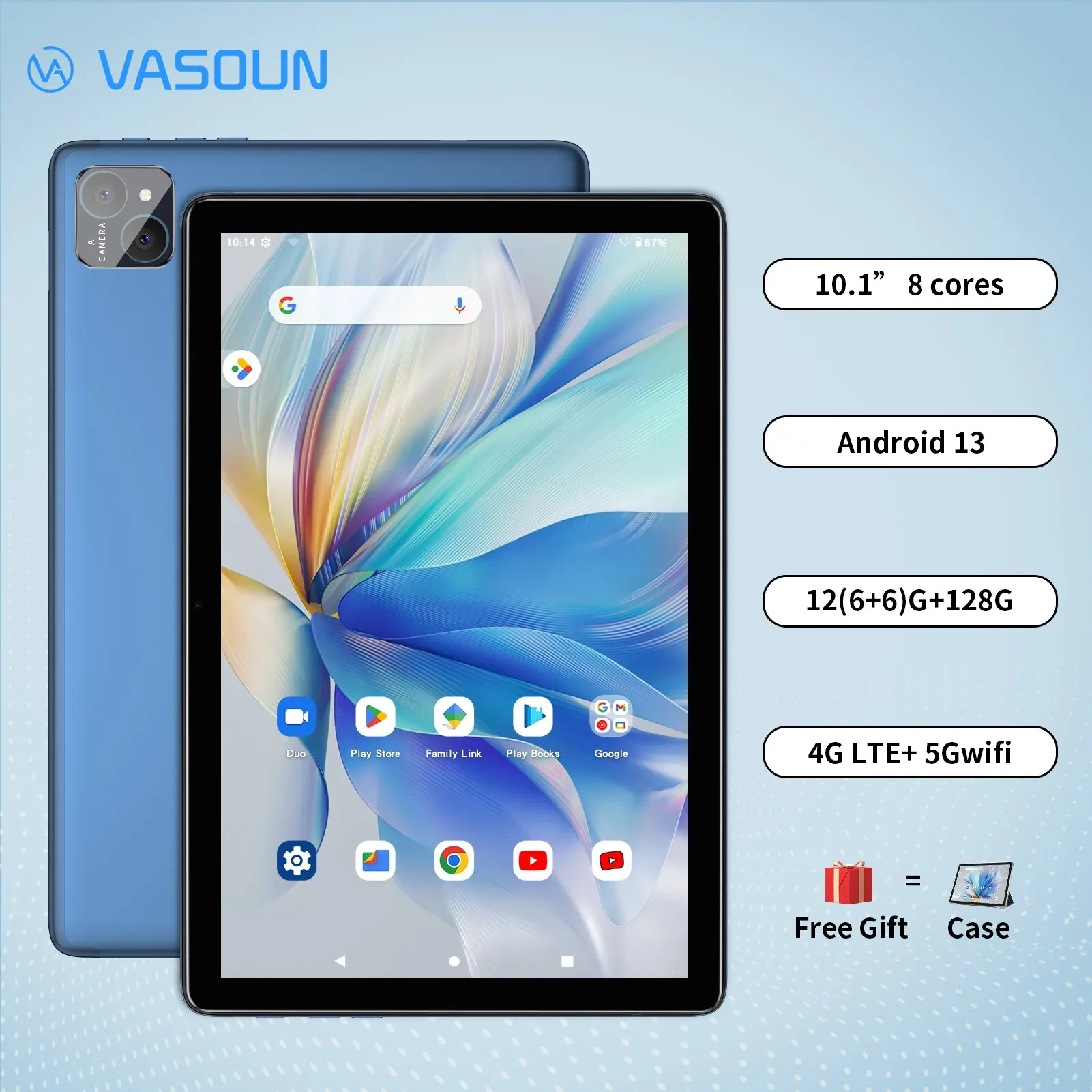 VASOUN 안드로이드 14 태블릿 10.1 인치, 12GB(6 + 6 확장) RAM, 128GB ROM, 옥타 코어, 듀얼 SIM, 4G 잠금 해제, 2.4G, 5G WiFi GPS 