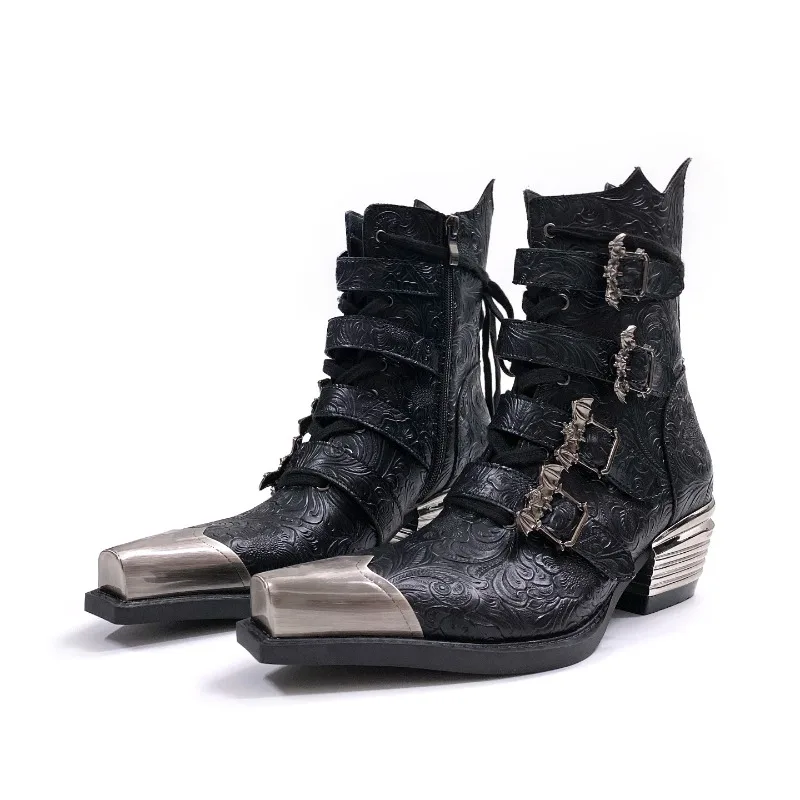 Unisex Metal‑toe Western Cowboy Boots Spring Microfiber Buckle Strap Block Heel Side‑zip Retro Punk Ankle Chelsea Boots Black