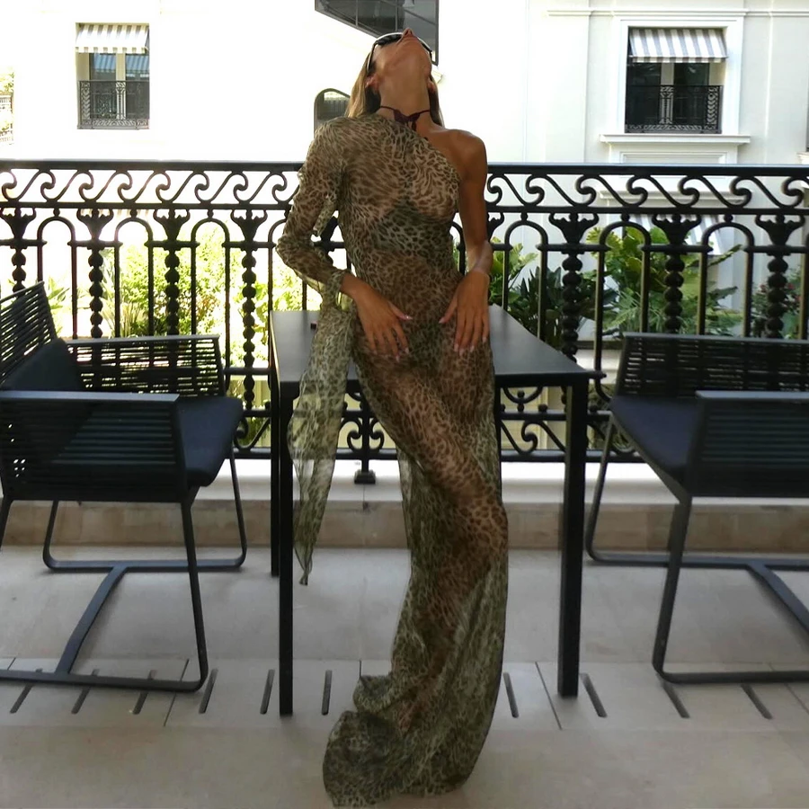 الفقرة برايا الشيفون فستان الشاطئ 2024 الصيف فستان بكتف واحد ليوبارد ملابس السباحة التستر مثير ملابس الشاطئ ملابس للنساء
